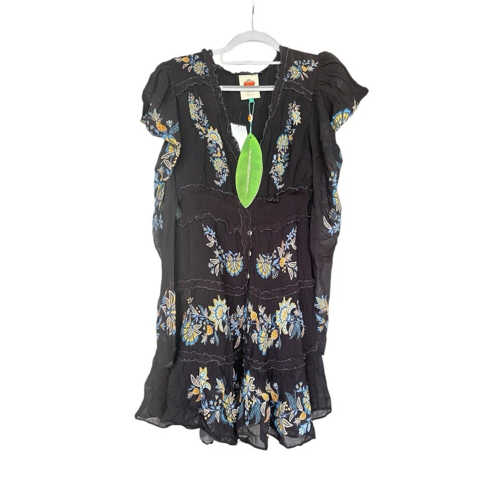 Farm Rio Black Stitched Garden Button Front Long Sleeve Dress Size Small New - Picture 4 of 7